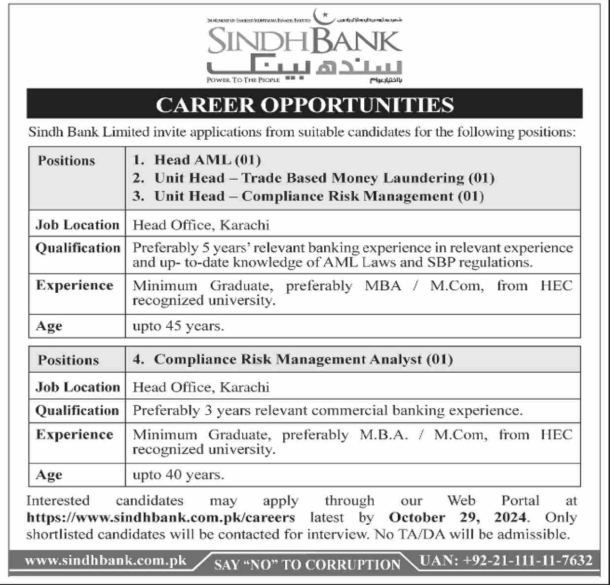 Sindh Bank Karachi Jobs 2024 Apply Online 