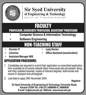 Exciting Career Opportunities at Sir Syed University of Engineering & Technology (SSUET) Karachi 2024