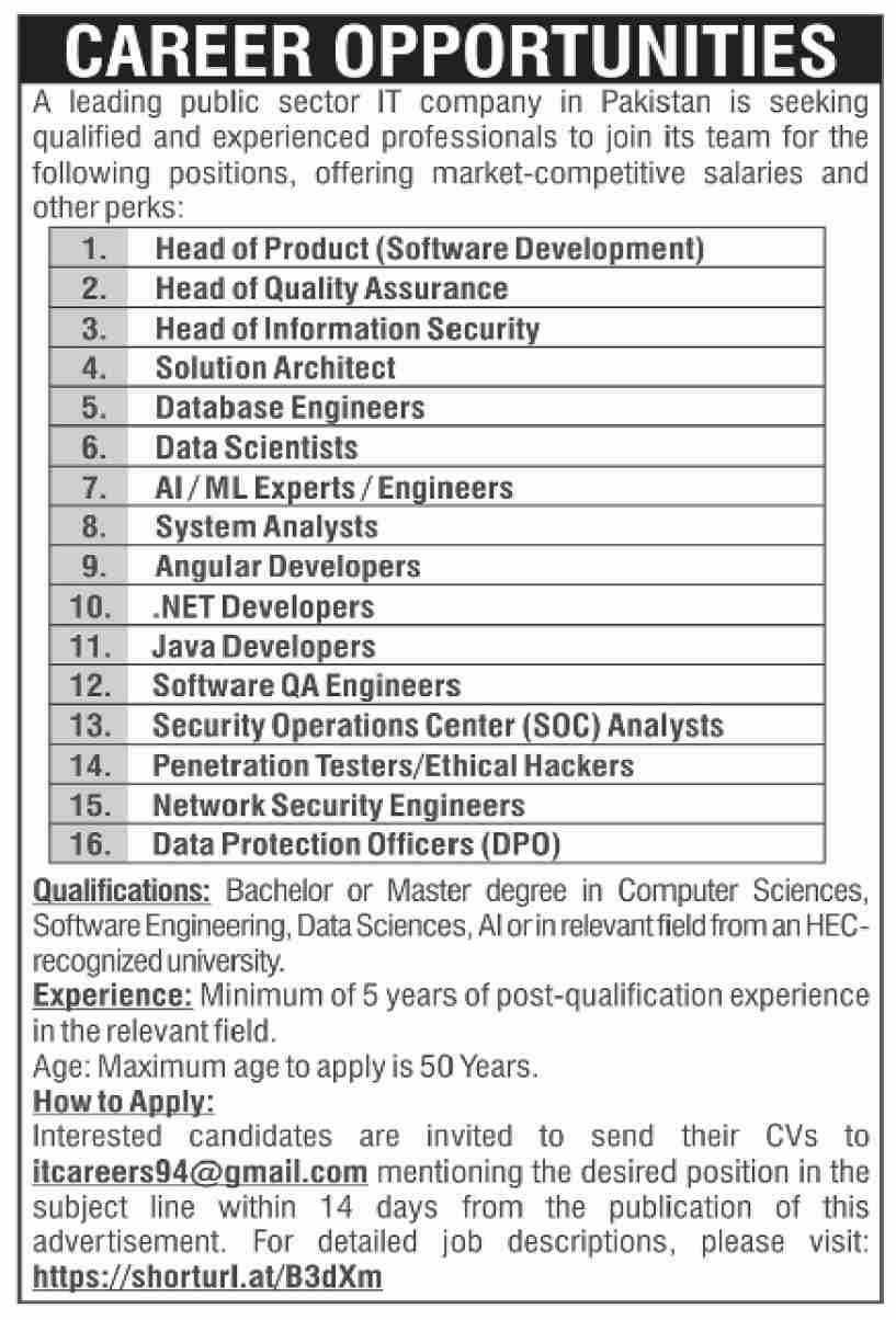 Government IT Jobs in Karachi 2024 – Public Sector IT Organization