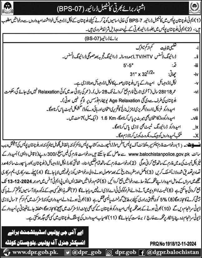 Join Balochistan Police As Driver and Constable Recruitment 2024