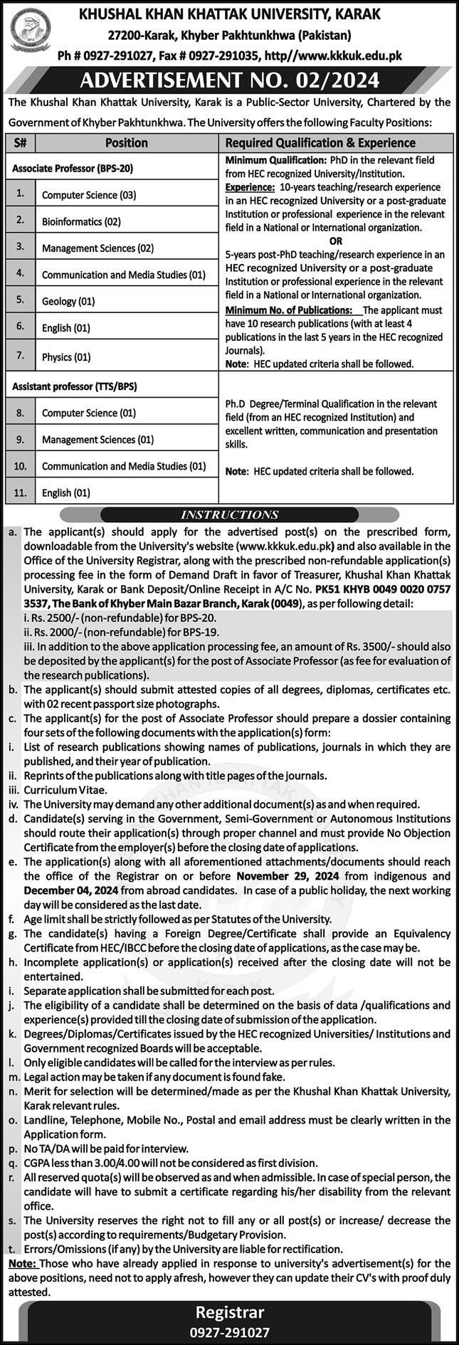 Khushal Khan Khattak University Karak Teaching Opportunities 2024