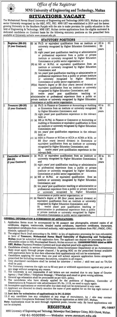 MNS University of Engineering and Technology, Multan Jobs November 2024