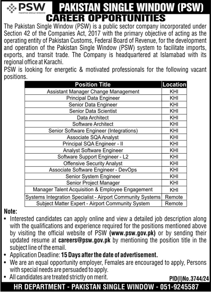 Career Opportunities at Pakistan Single Window (PSW) – Apply Now