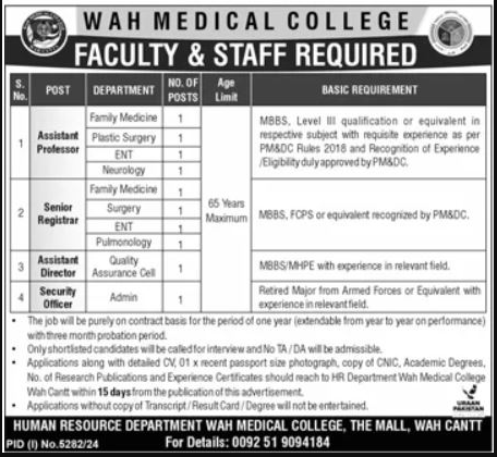 Wah Medical College Assistant Professor Jobs 2025 Apply Online