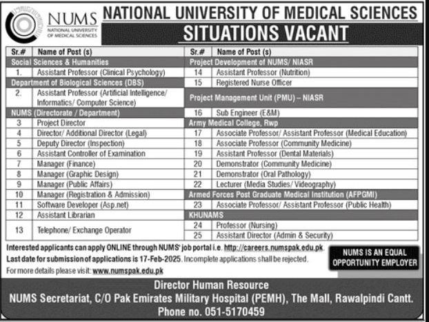 National University of Medical Sciences (NUMS) Job Opportunities 2025